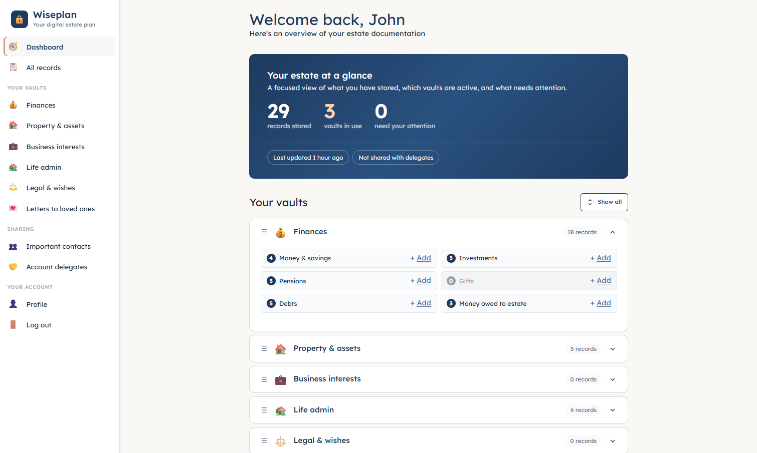 The Wiseplan dashboard: an estate overview showing records across vaults like Finances (expanded into money, pensions, investments and debts), Property and Life admin.