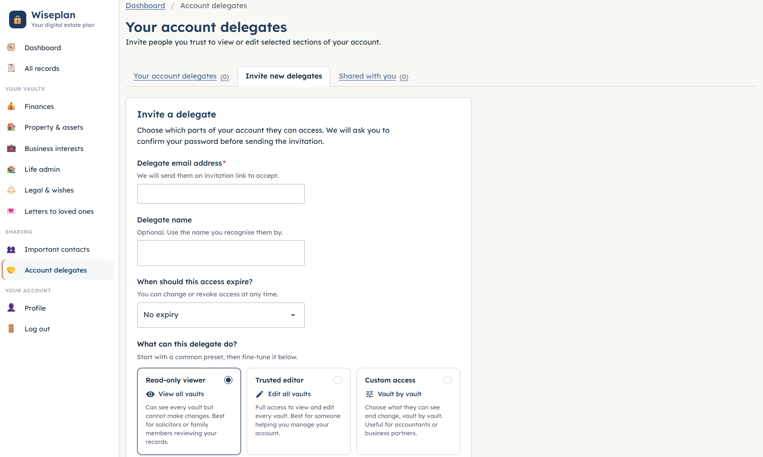 The Wiseplan 'invite a delegate' screen, with access presets: read-only viewer, trusted editor and custom access.